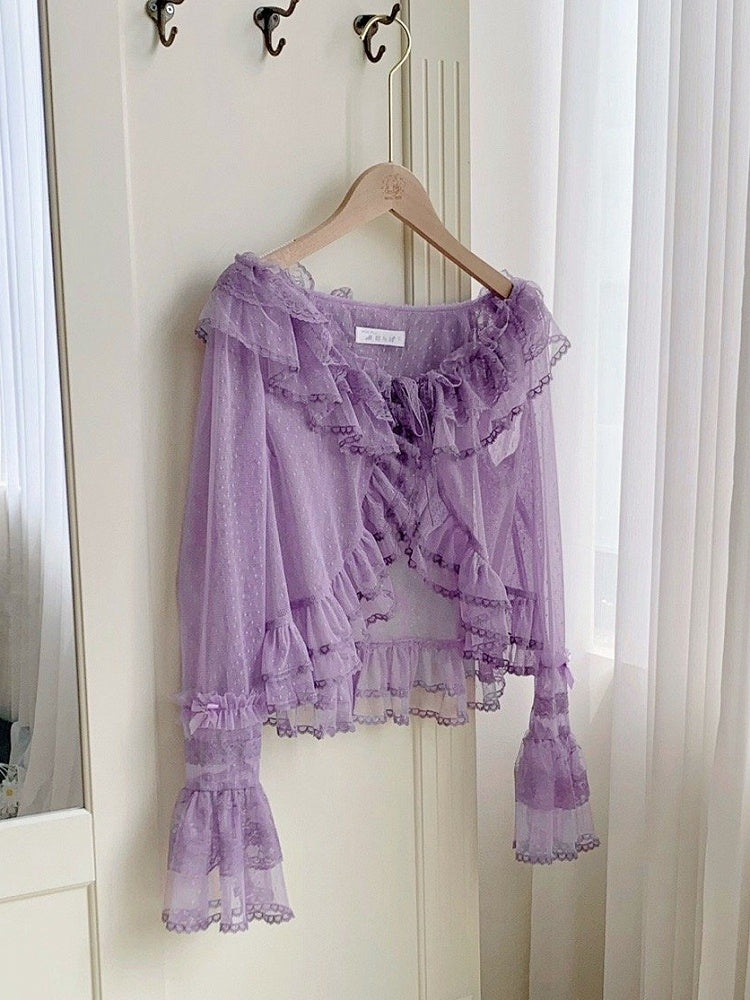 Sheer Sleeves Top Purple Trimming Long Dotted Flounce Tulle