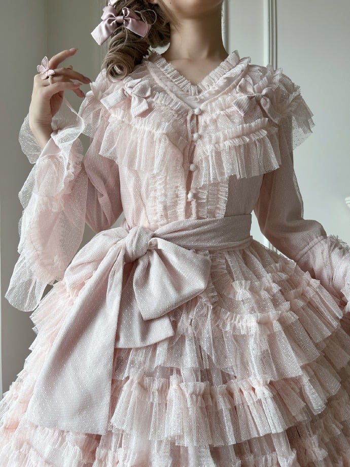 Multi-layered Set Blouse + Belt - Mesh Elegant Bell Sleeves Waist Skirt Lolita Cotton Vest Pink Classic Tulle Dotted