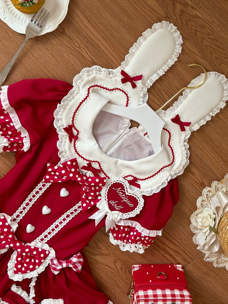 Collar Red Ears Sweet Lolita Dress Dots Bunny Polka Accents Bow Back