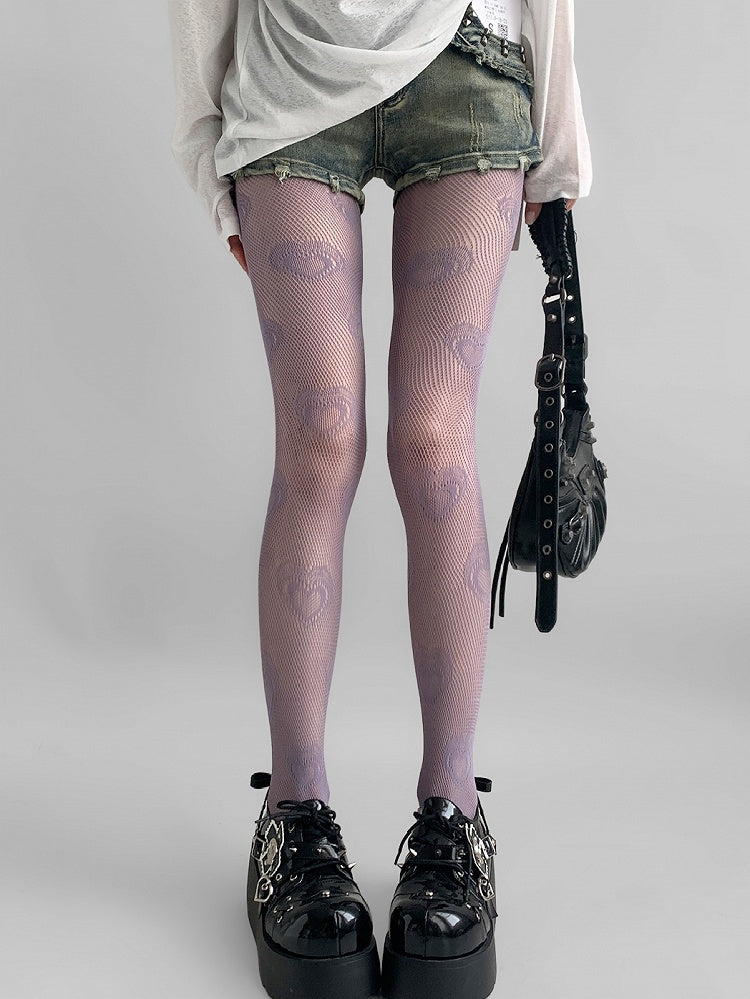 Print Hollow-out Design Heart Purple/Beige/Red Tights