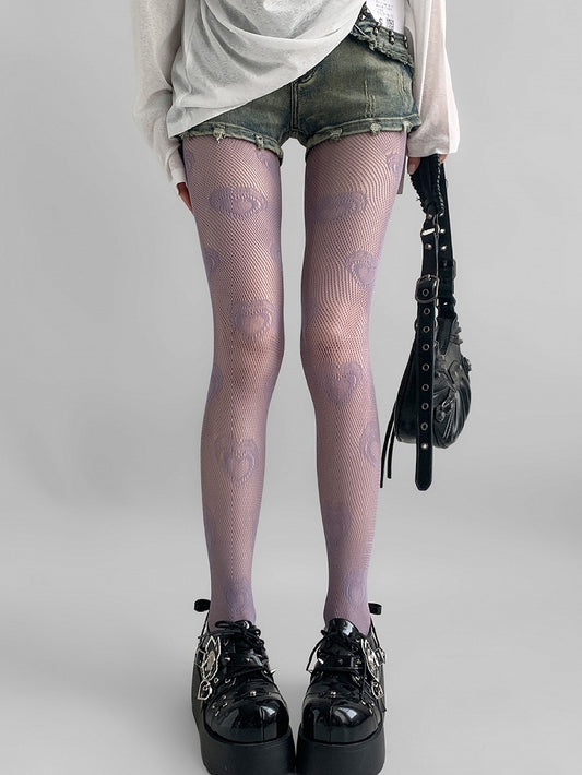 Print Hollow-out Design Heart Purple/Beige/Red Tights
