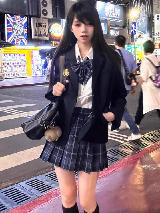 Stil Manschetten verziert Design Preppy JK Uniform Abzeichen Knopf Dark Blazer Blau