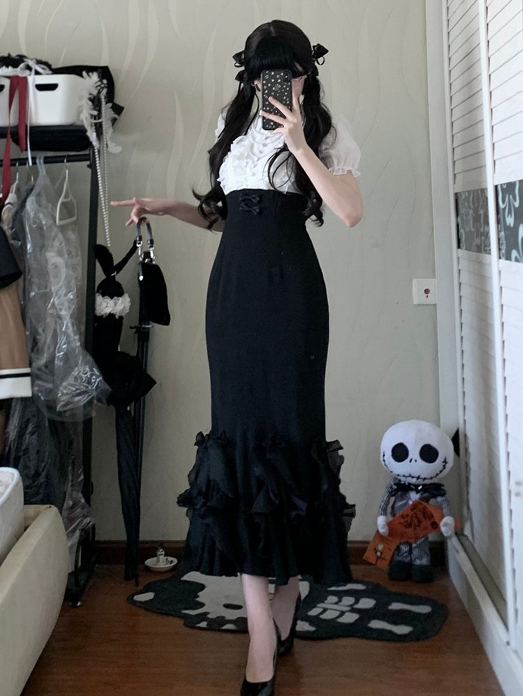 Lolita White Pieces Black Elegant Two Design Mermaid and Dress Waist Skirt Boned Fake Blouse