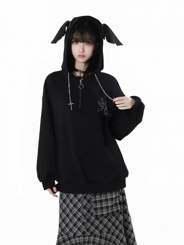 Bittersweet Chain Gray/Black Hood Design Hoodie Wing Cross Wing Embroidery Back Spring