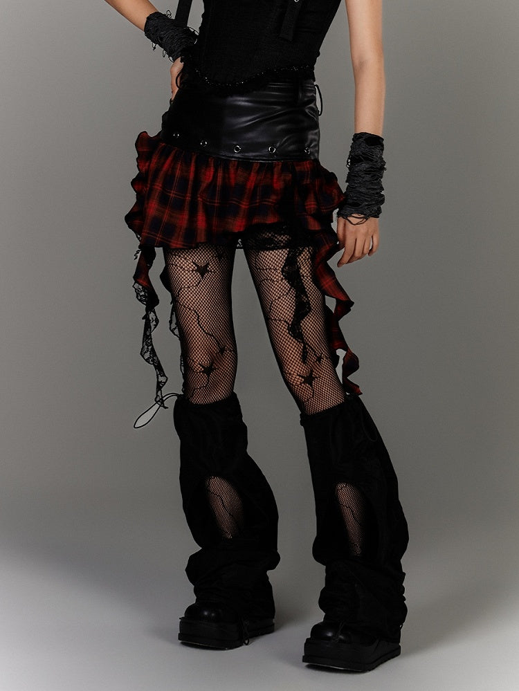 Ruffled Black PU Punk Skirt Hem Y2K Asymmetrical Red Plaid