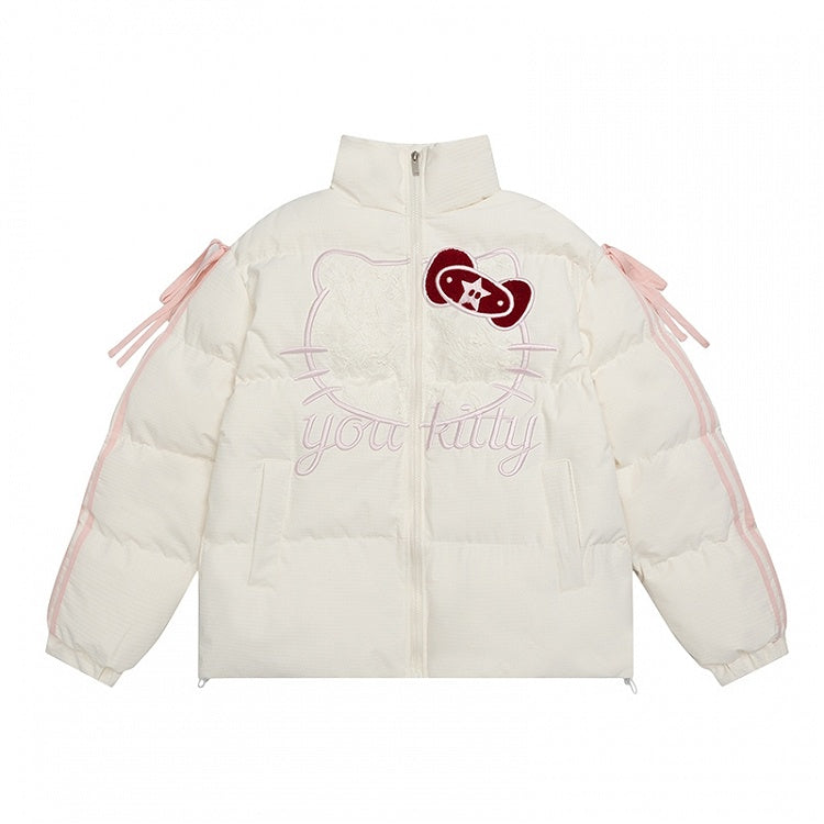 Schwarz/weiße Pufferjacke mit Kitty-Spitzenapplikation und Schleifendetails