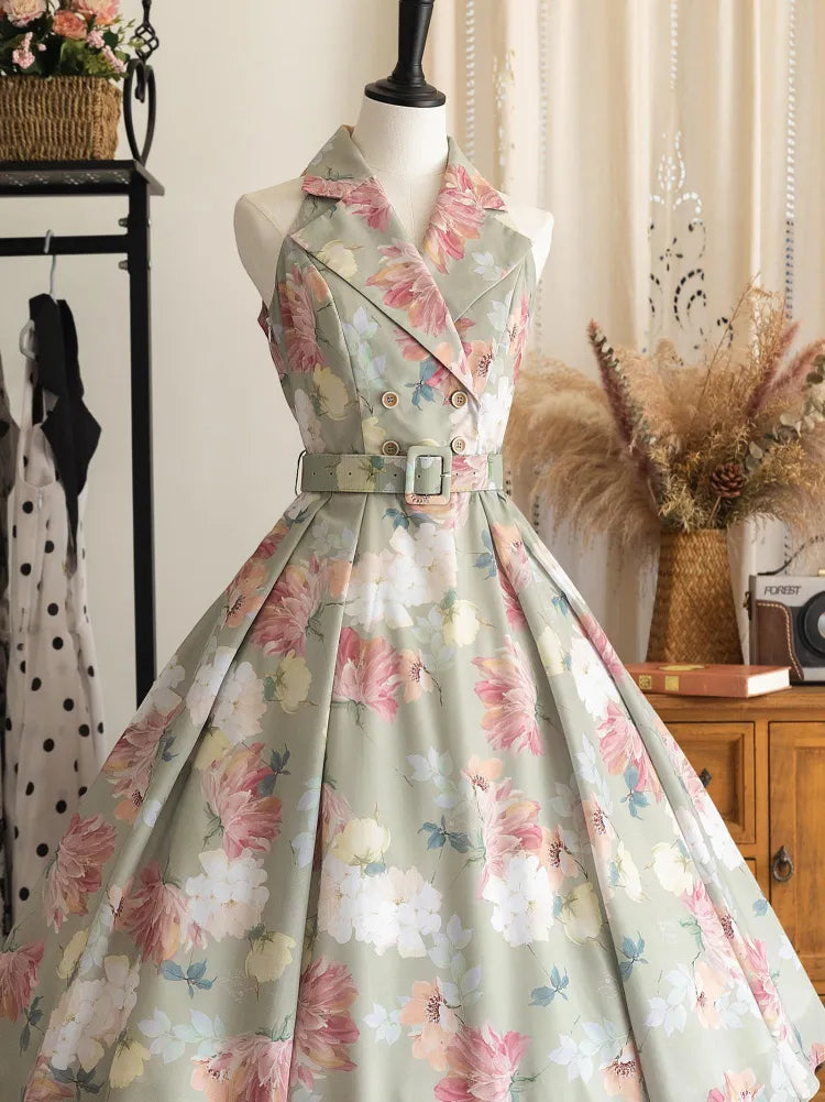 Fashion Floral Dress Blazer Retro Print Collar Green Summer 1950s