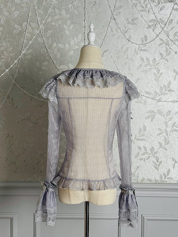 Blouse Semi-sheer Gray Sleeves Long Silver Bowknots
