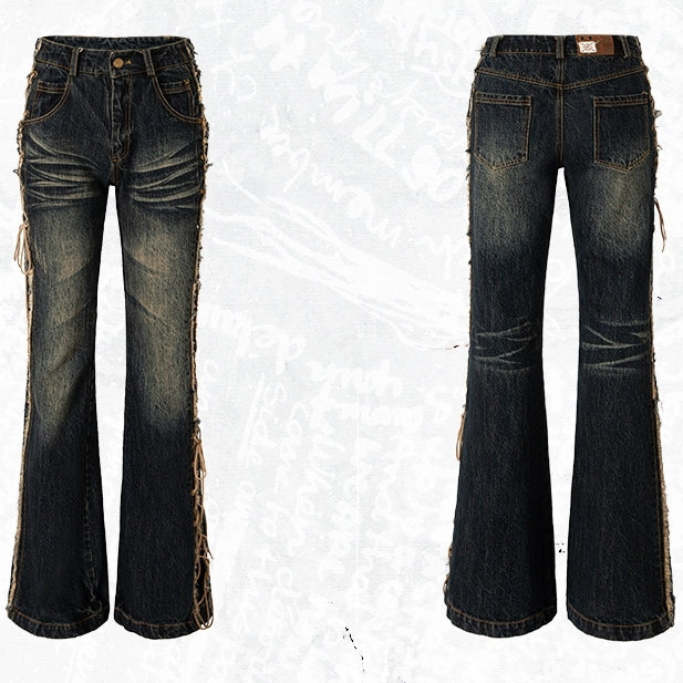 Fishtail Punk Lace-up Detail Wasteland Dark Jeans Hem Raw Blue