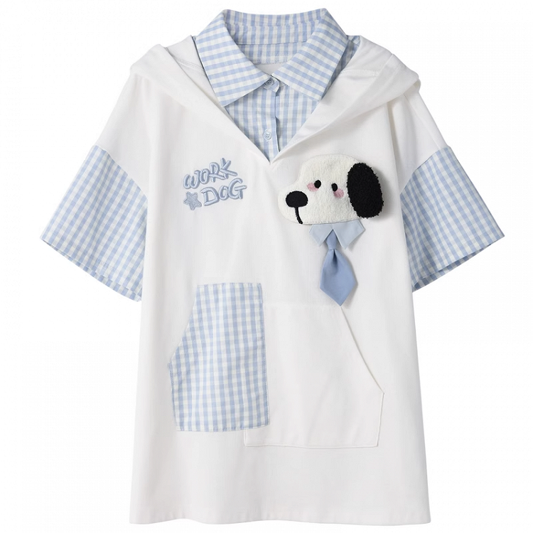 Two-pieces Puppy Ears Design Hood Pattern White and Puppy Faux T-Shirt Blue Plaid