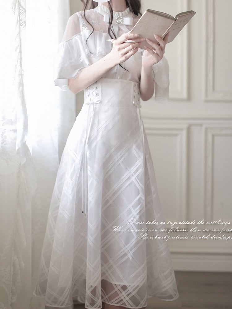Innocent White Clean Cape Design Top Aesthetic Illusion Neckline and Trim Lace with