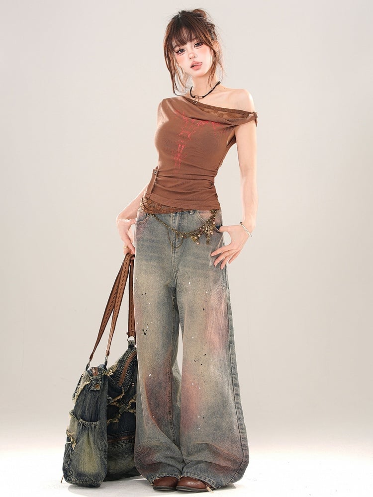 Wide-leg Wash Pink Splash Ink Details Cut Blue Jeans and Faded