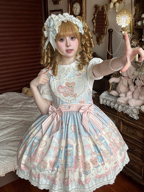 Print Overall Plush Toy Teddy Sweet Blue Dress Bunny Lolita and
