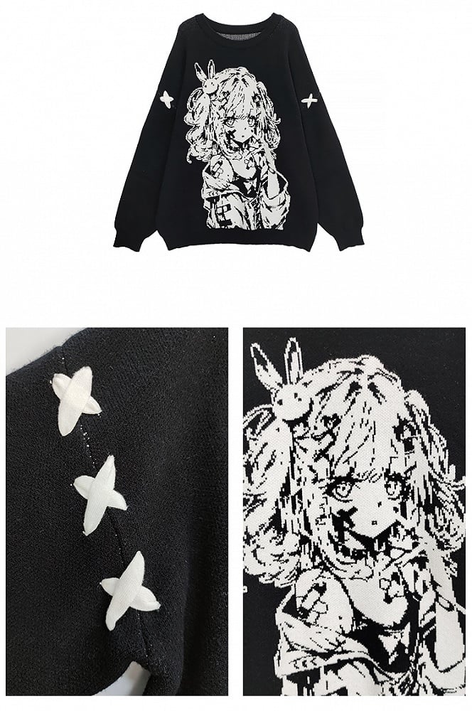 Schwarzer Pullover mit Rundhalsausschnitt und Muster für Mädchen