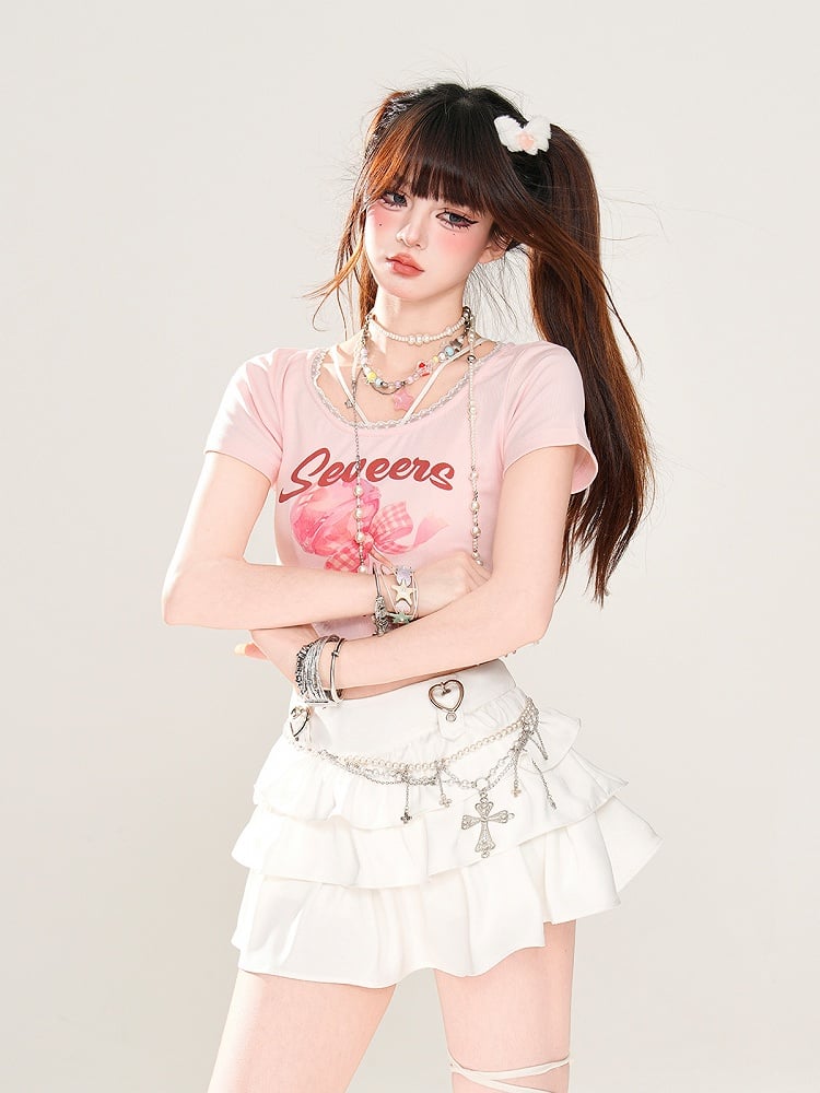 Trim Sweet Lollipop Print Lace T-Shirt Pink/Apricot Glamorous Cropped