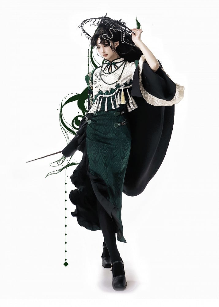 Slythern Grüne Volantärmel Cheongsam-Stil Goth Schlangenschuppenmuster Qipao-Kleid Kurz-/Langversion