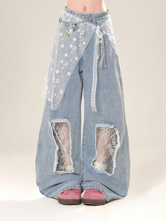 Lace Waist Accessory Patches Blue Low Wide-Leg Jeans with Waist Distressed Holes