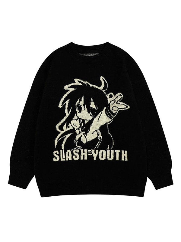 Cartoon Girl Knitted Print And Letter Sweater Black