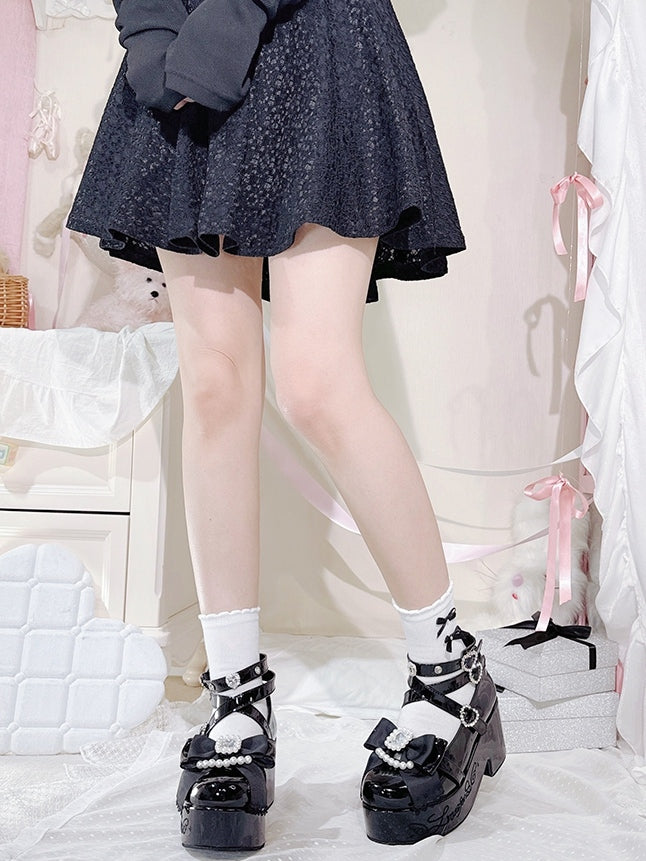Decorated Platform High Block Black Heels Bow Top Polished Rhinestone Kei at Beaded Jirai And