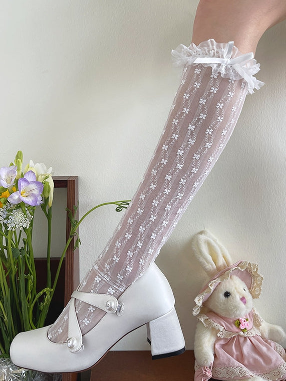 Trim Lace Under-Knee Floral White/Beige/Black Lolita Stockings