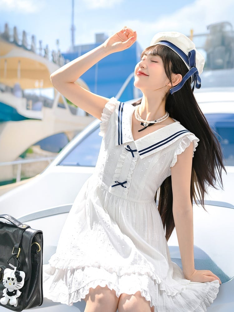 Trim Tiered Skirt Sleeveless Dress Contrast White Sailor Collar Flutter Sleeves Blue