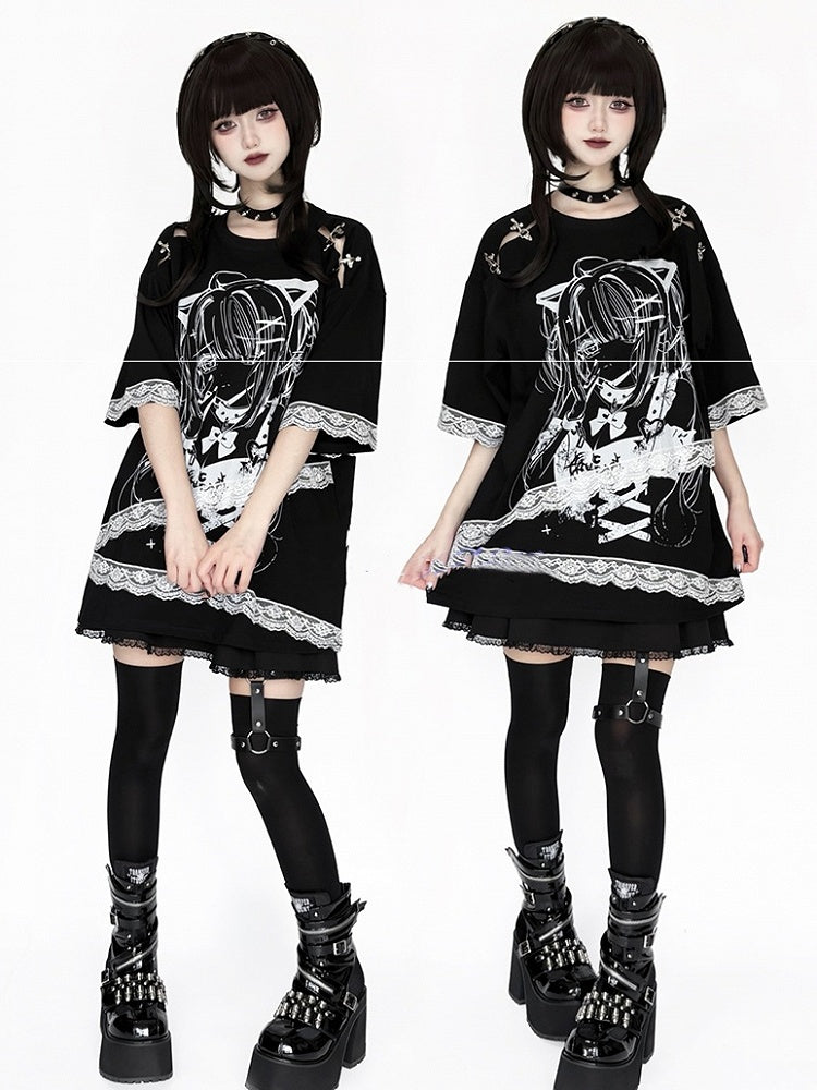 and Fastener Shoulder Anime Girl Graphic T-Shirt Black Decorative Black White / with Lace Embellishment Purple