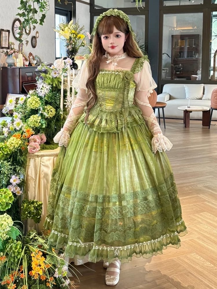 Top Basque Print Waist Boned + Skirt Painting Oil Lolita Classic Overlay Green