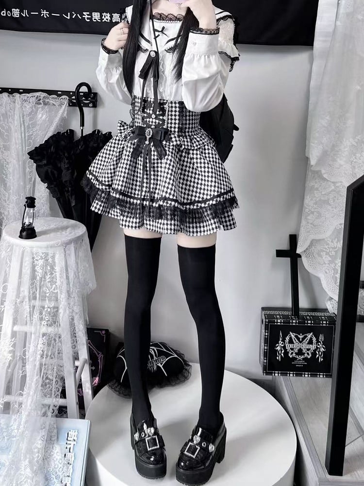 Pendant Trim Blouse Lace with Jirai Kei Black/White Sailor Collar Cutout Choker Shoulder Heart
