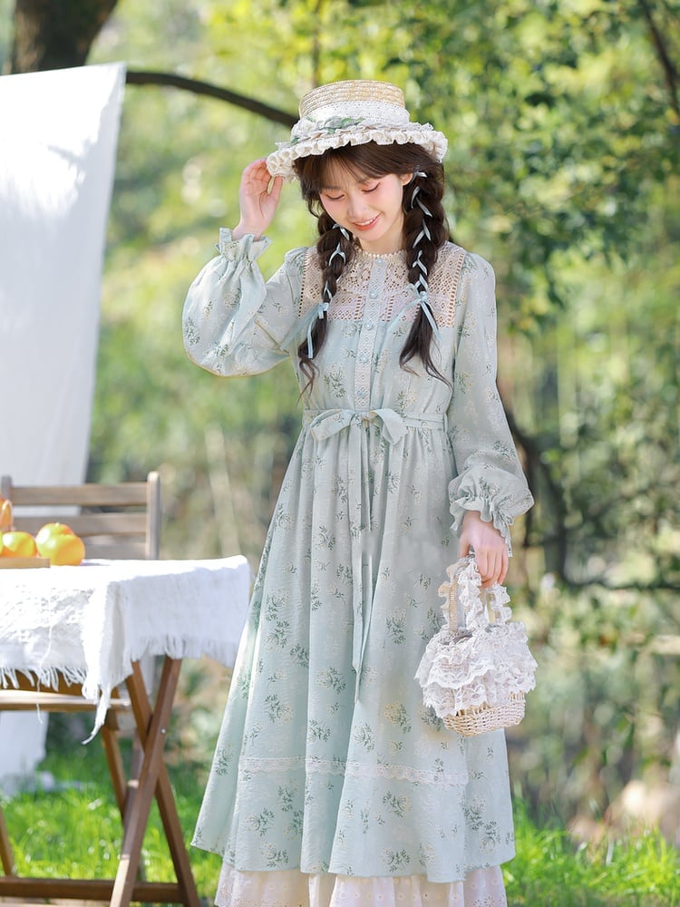 Blue Illusion Neckline Lace Trim Floral Dress with Self-tie Strap at Waist