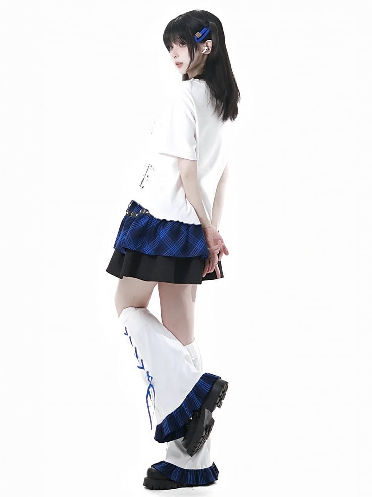 Tiered Skirt Stud Details Black and Blue Plaid Star
