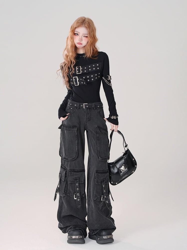 Straps Eyelet Low-Waist Wide-Leg Cargo Jeans Dangling Details with Black