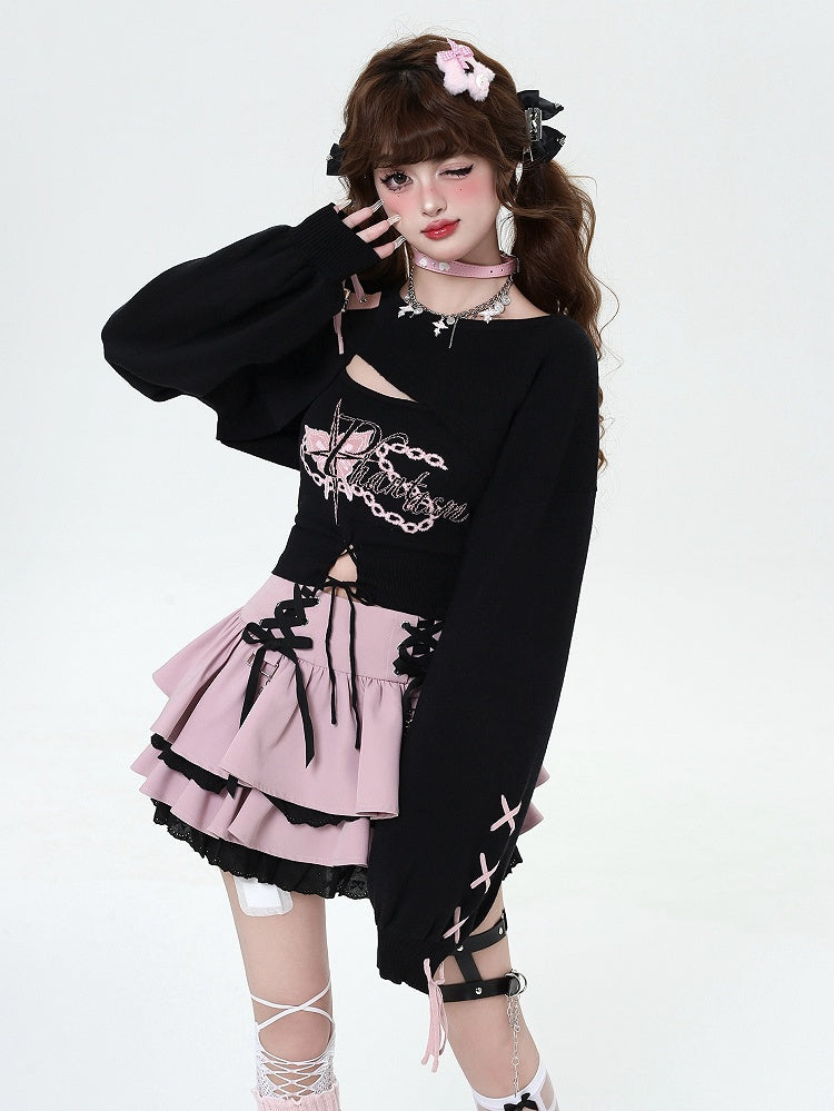 Waist at Pink Tiered Lace-up Details Y2K Skirt