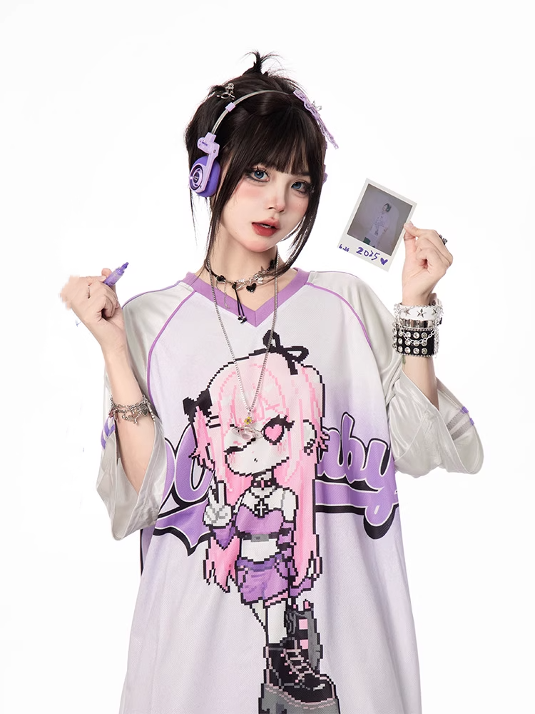 Cartoon Girl Print Black/Blue/Purple T-shirt Vintage V-neck Loose