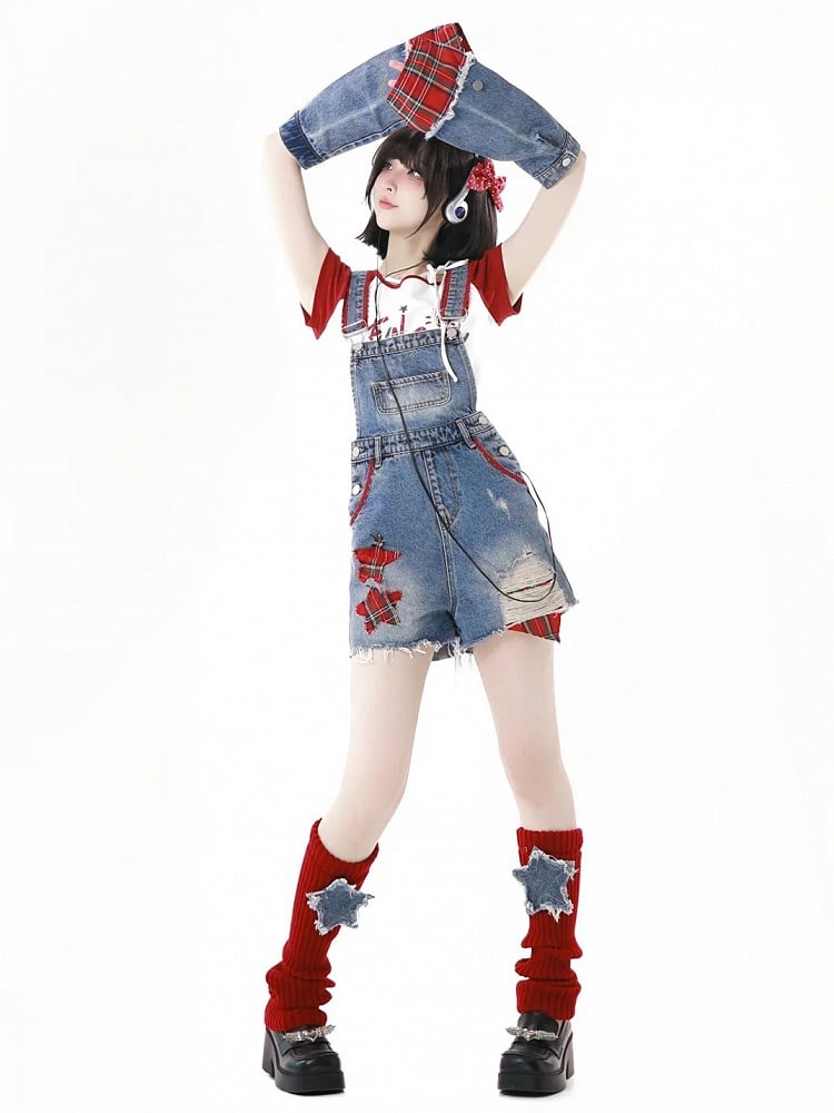 Distressed Denim Shorts Raw with Overall Appliques Blue Star Hem Holes Armwears Plaid Free