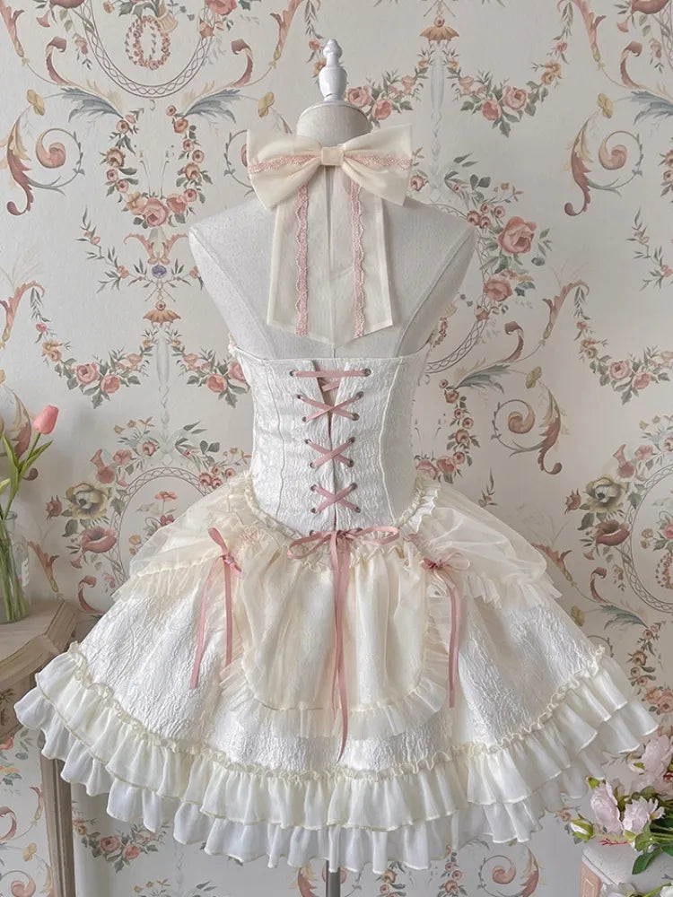 Cross Belle Ivory and Pink Corset Dress Halter Neck Balletcore Lolita JSK
