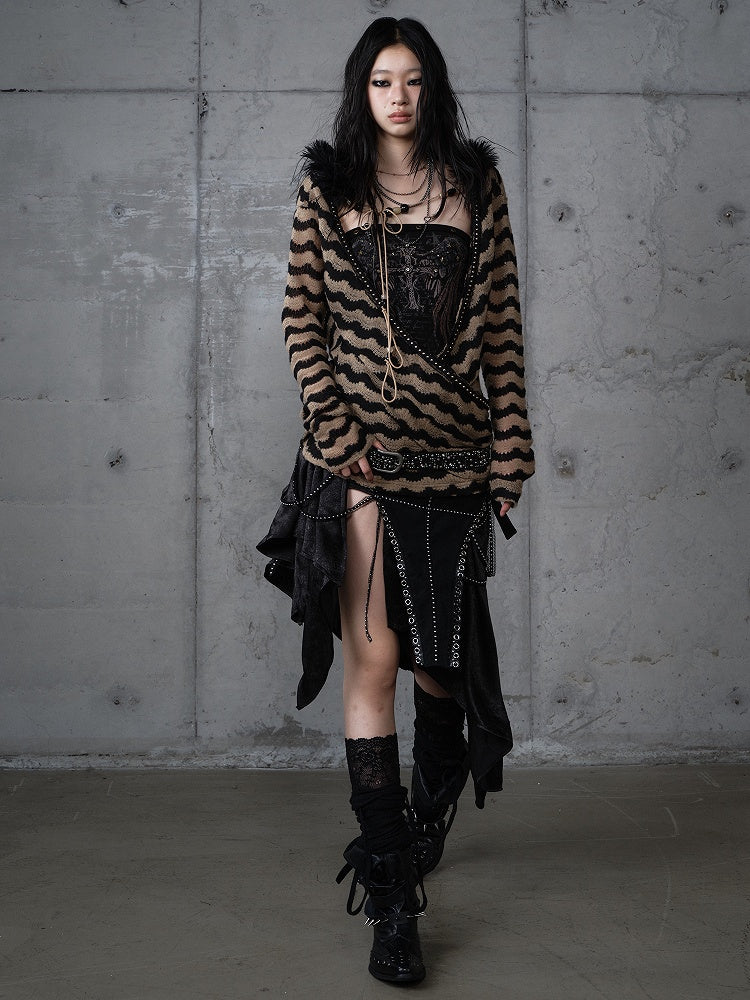 Bustier Set Top Brown Knit Striped Deconstructed Wing Black Print