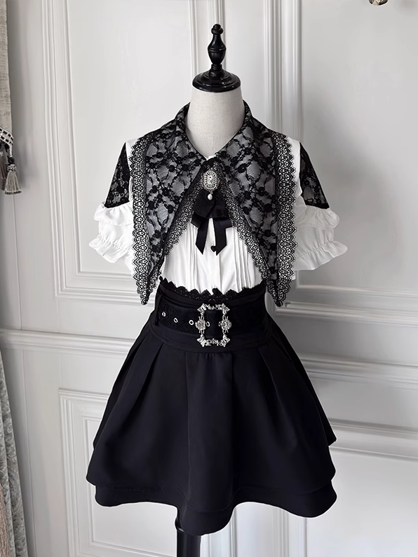 Details Blouse +Tiered Skirt White Pleating Collar Flat Set-Pointed Jirai Kei