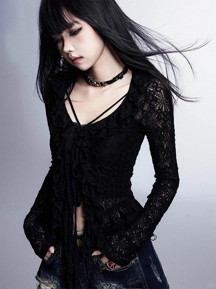 Cardigan with Top Ruffled Trim Lace Knitted Set V-neck Cami Black Hollow-out