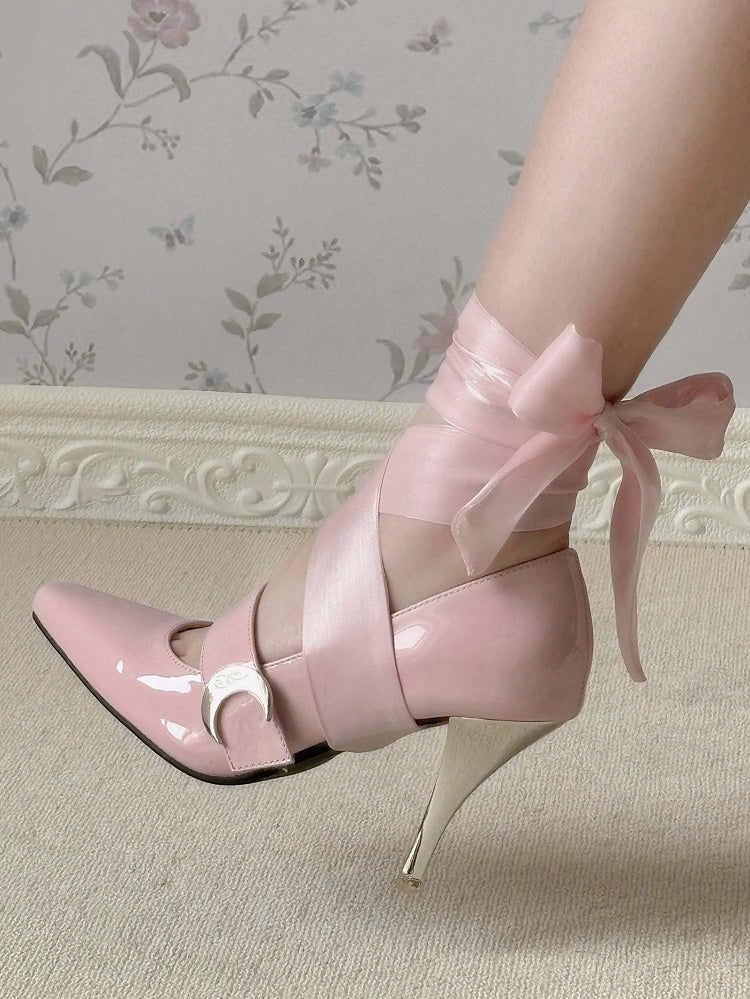 Heels at Toe High Moon Ankle Elegant Velcro Strap Pink Lace-up + Closures Pointed - Lolita Accent