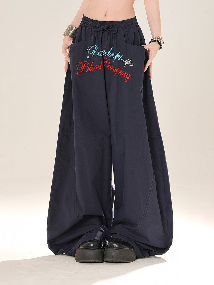 Navy Blue Drawstring Waist Letter Embroidery Wide-leg Casual Pants