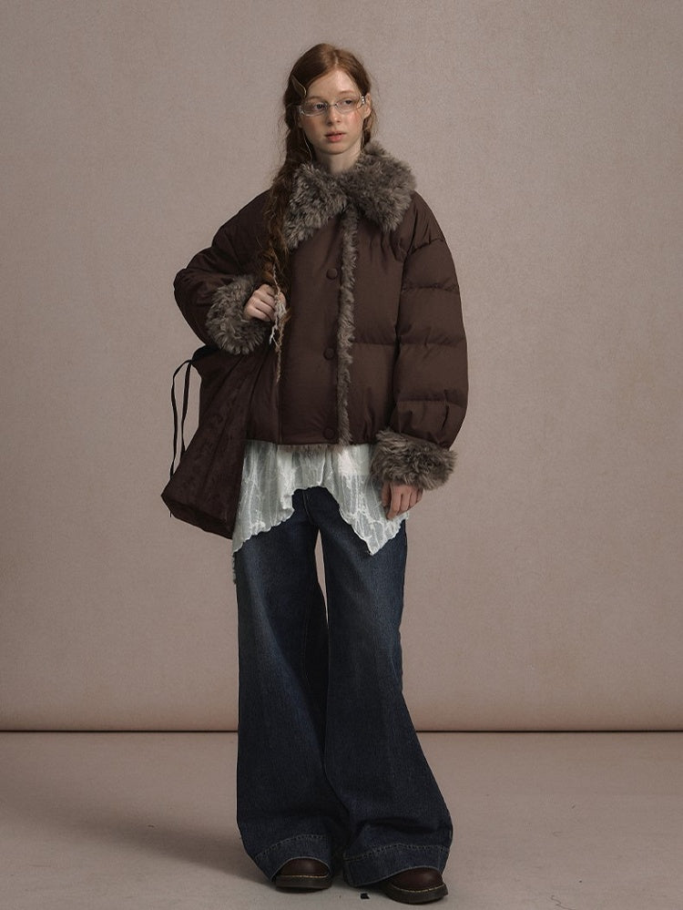 Beige/Brown Short Puffer Jacket with Faux Fur Trim and White Duck Down Filling