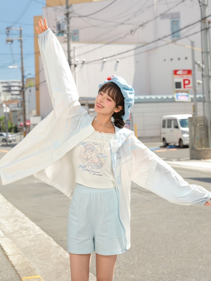 Sun Protection Jacket Hem Hood Cat Ears Blue Colorblock Design Drawstring Design