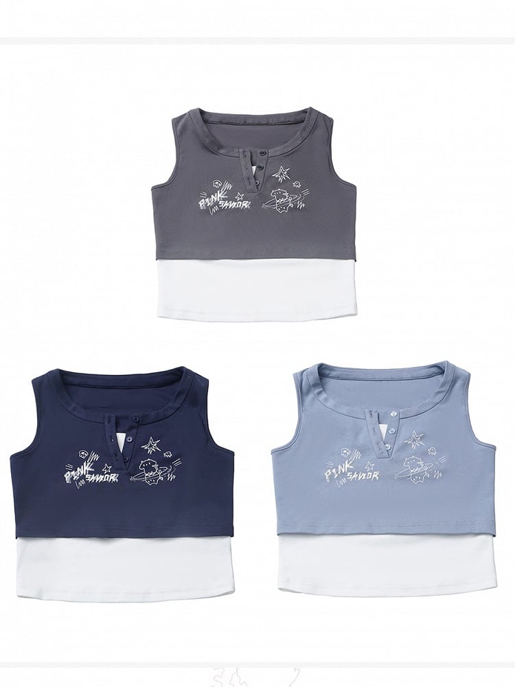 Graffiti Blue/Dusty Navy Top Two-pieces Blue/Dark Faux Print Tank Gray