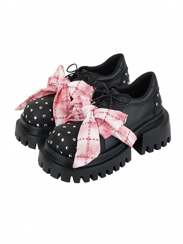 Bow Accent Studs Red Rock Plaid - Punk Black Platforms Silver Knotted Details