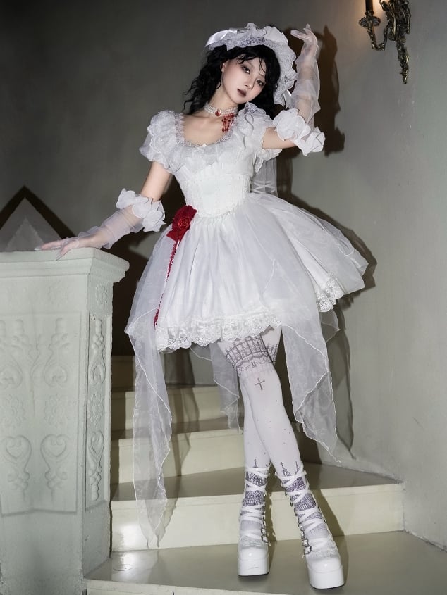Set Full Short Dress Goth High White Version OP Castle Print Waist Lolita
