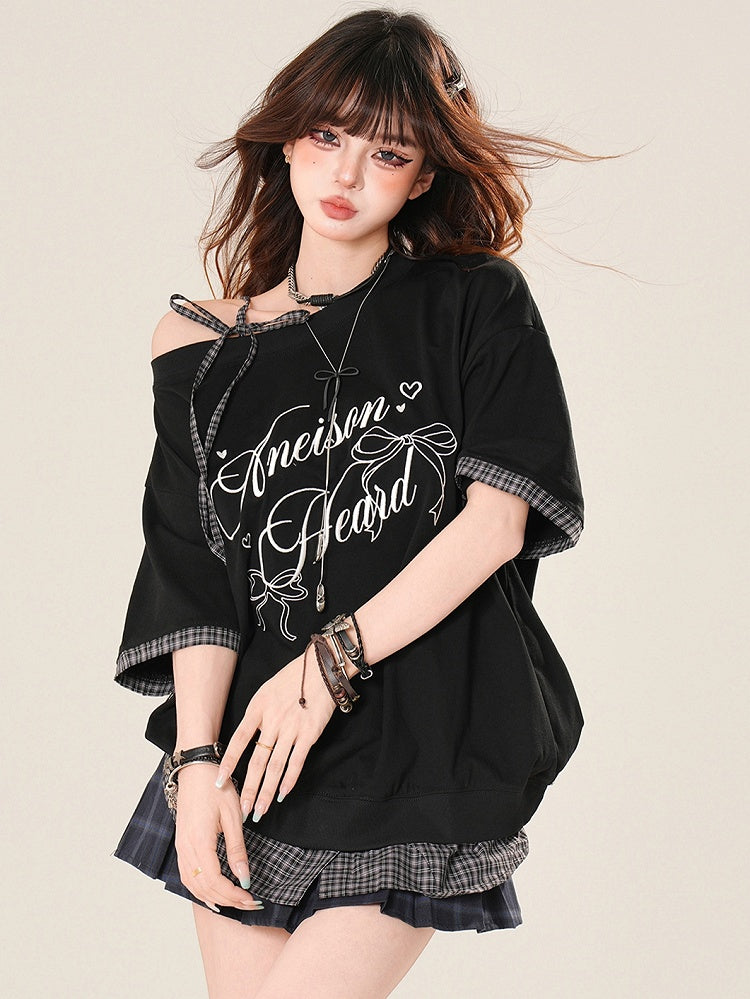 Pattern Strap Bittersweet Self-tie Plaid T-shirt Black Asymmetrical Neckline