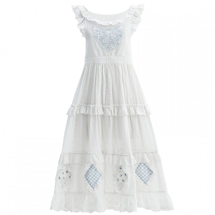 Overdress Trim Patch White Flutter Sleeves Lace Embroidery Plaid Tiered Cutton Skirt Blue