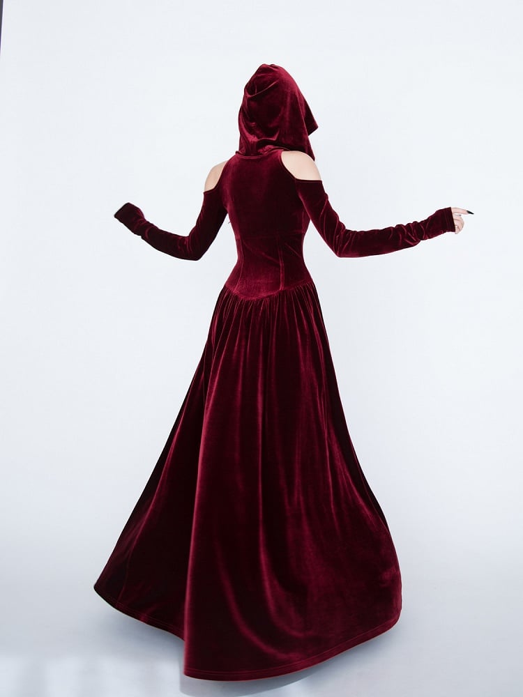 Dress Gothic Cutout Style Red Medieval Vampire with Shoulder Witch Velvet Hooded -
