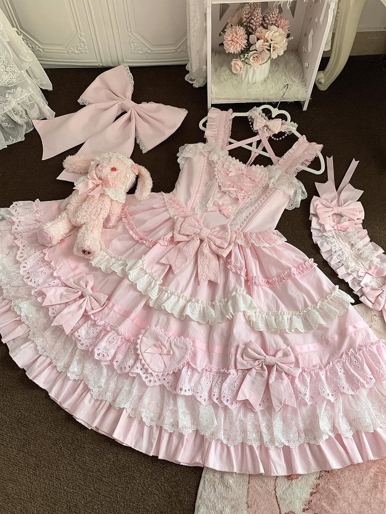 Rosa und weißes Old School Lolita-Kleid mit Schleifen und herzförmiger Dekoration, Prinzessinnen-Lolita-Pulloverrock