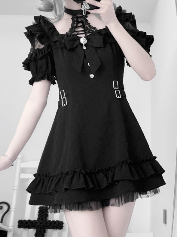 Detail Lace-up Jirai Kei Halter Neck Dress with Bow Black Tie